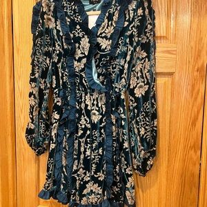 Fate Teal and Ivory Floral Velvet Long Sleeve Dress